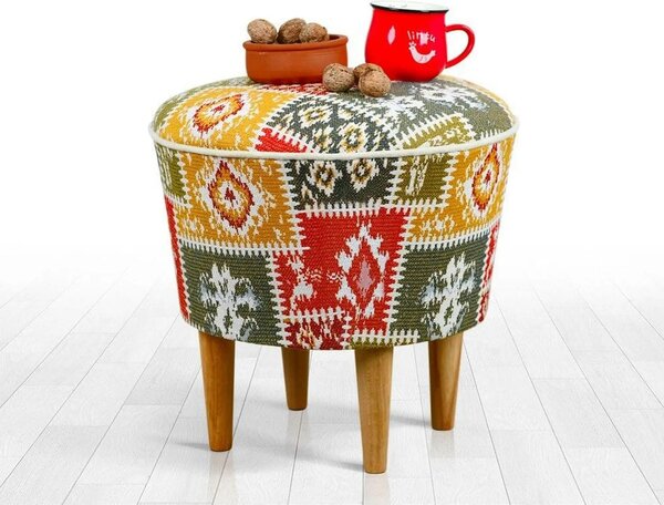 Taburet RUG, multicolor/stejar, material textil/lemn, 42x42x42 cm