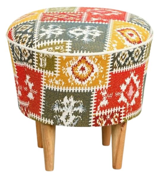 Taburet RUG, multicolor/stejar, material textil/lemn, 42x42x42 cm