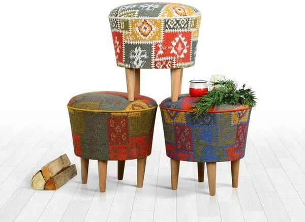 Taburet RUG, multicolor/stejar, material textil/lemn, 42x42x42 cm