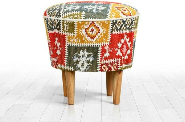 Taburet RUG, multicolor/stejar, material textil/lemn, 42x42x42 cm