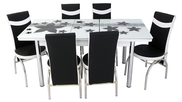 Set masă extensibilă Star Negru cu 6 scaune negru alb