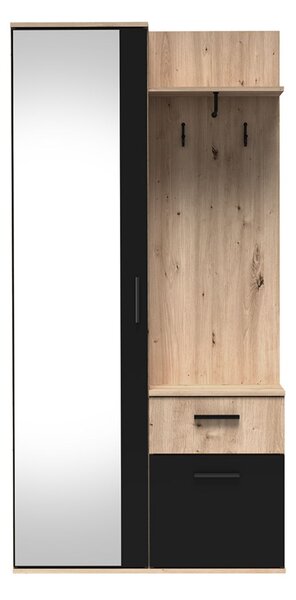 Garderobă pentru hol cu oglindă Lux, stejar artizanal/negru