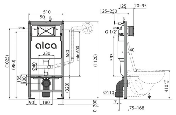 Set ramă de montaj cu rezervor și clapetă de acționare cu butoane rotunde, negru mat, Alcadrain și vas WC suspendat Fluminia, Alfonzo
