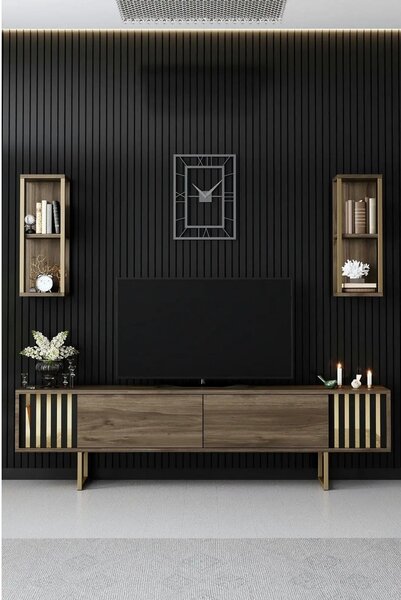 Mobilier living GOLD LINE, nuc/auriu, PAL melaminat/metal, 3 piese