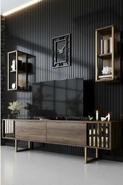 Mobilier living GOLD LINE, nuc/auriu, PAL melaminat/metal, 3 piese