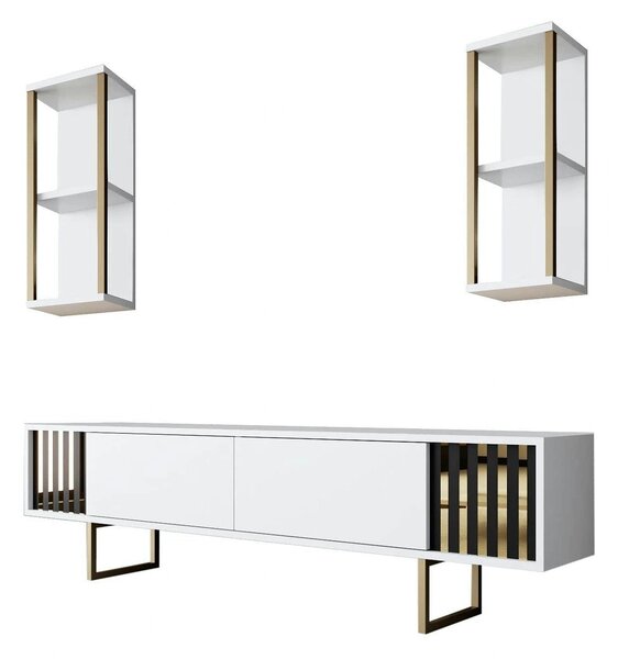 Mobilier living GOLD LINE, alb/auriu, PAL melaminat/metal, 3 piese
