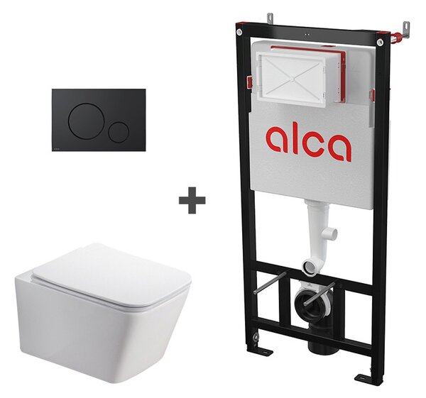 Set ramă de montaj cu rezervor și clapetă de acționare cu butoane rotunde, negru mat, Alcadrain și vas WC suspendat Fluminia, Paris