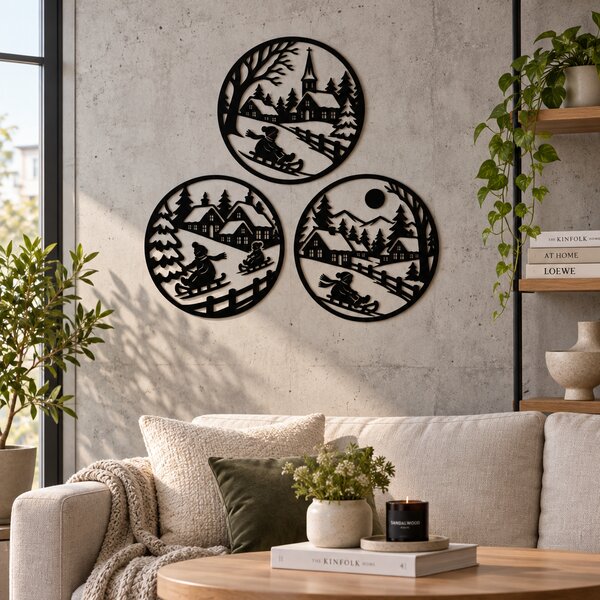 Set 3 decorațiuni de perete Iarna la Țară – Plexiglas negru, Ø 23 cm | NOOT