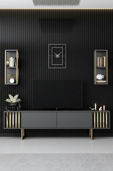 Mobilier living GOLD LINE, gri antracit/auriu, PAL melaminat/metal, 3
