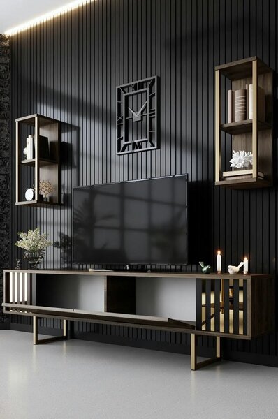 Mobilier living GOLD LINE, nuc/auriu, PAL melaminat/metal, 3 piese