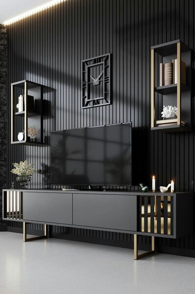 Mobilier living GOLD LINE, gri antracit/auriu, PAL melaminat/metal, 3