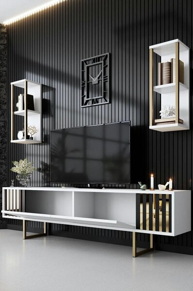 Mobilier living GOLD LINE, alb/auriu, PAL melaminat/metal, 3 piese