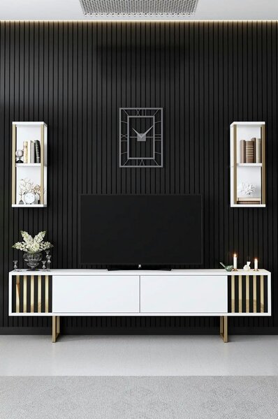 Mobilier living GOLD LINE, alb/auriu, PAL melaminat/metal, 3 piese