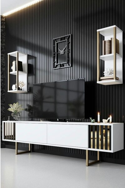 Mobilier living GOLD LINE, alb/auriu, PAL melaminat/metal, 3 piese