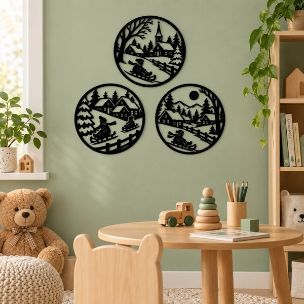 Set 3 decorațiuni de perete Iarna la Țară – Plexiglas negru, Ø 23 cm | NOOT