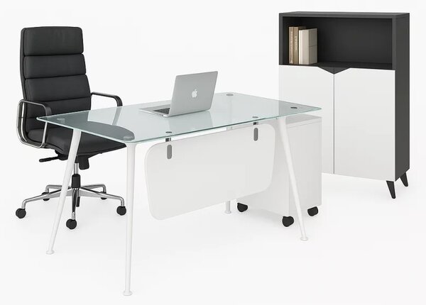 Set Glassy & Qualia - Birou cu blat din sticla, scaun ergonomic și comoda de depozitare