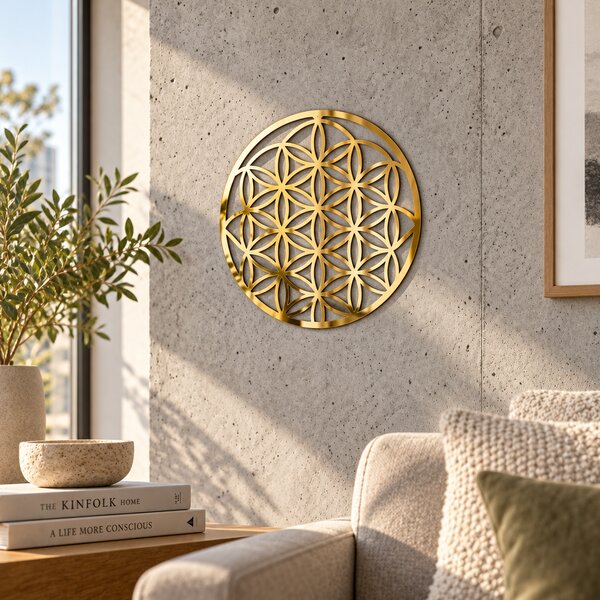 Aurora Geometrică – Decorațiune Floarea Vieții din Plexiglas Oglindă Auriu, Ø 20 cm | NOOT