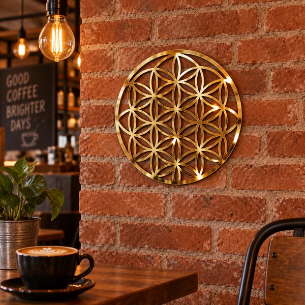 Aurora Geometrică – Decorațiune Floarea Vieții din Plexiglas Oglindă Auriu, Ø 20 cm | NOOT