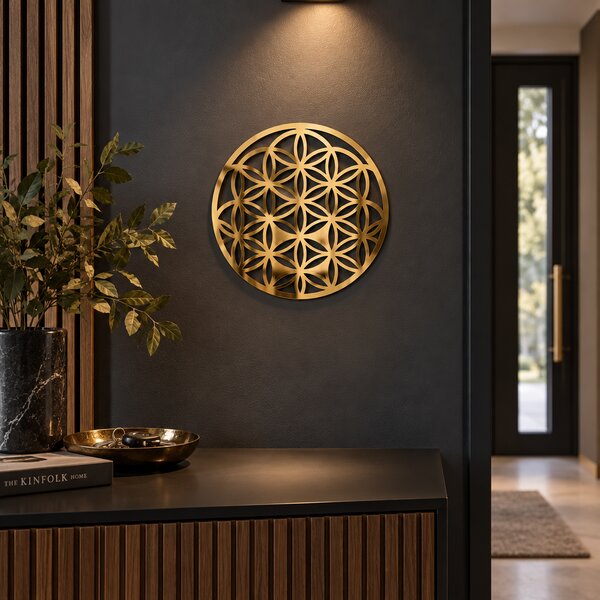 Aurora Geometrică – Decorațiune Floarea Vieții din Plexiglas Oglindă Auriu, Ø 20 cm | NOOT