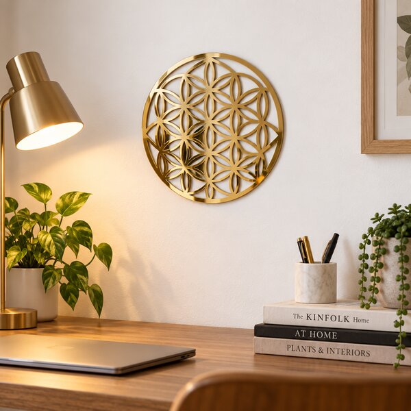 Aurora Geometrică – Decorațiune Floarea Vieții din Plexiglas Oglindă Auriu, Ø 20 cm | NOOT
