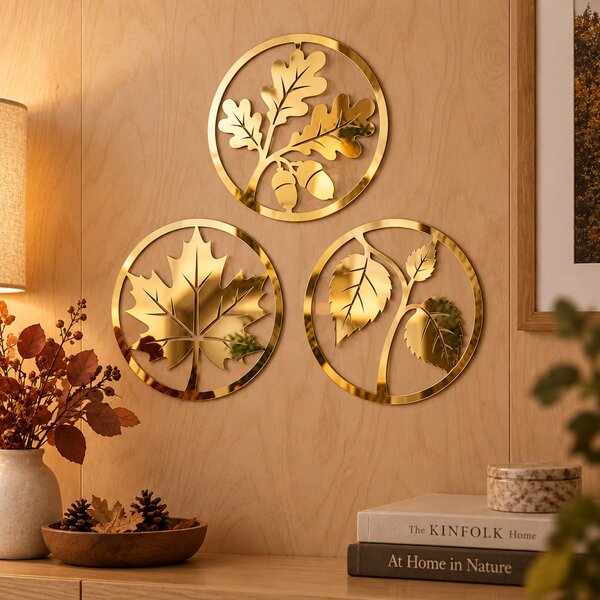 Set 3 decorațiuni de perete din plexiglas oglindă auriu – Toamna în Reflexii, NOOT, Ø20 cm