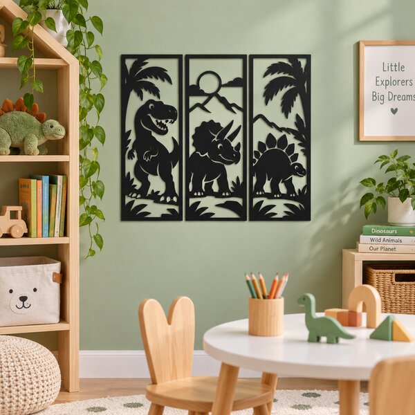 Set 3 plăci decorative Dinozaurii Veseli din placaj de plop, 15 x 45 cm – NOOT
