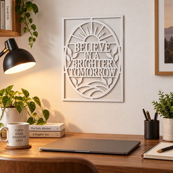Placă decorativă motivațională „BELIEVE IN A BRIGHTER TOMORROW” – Plexiglas alb, 24 × 24 cm