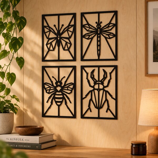 Set 4 decorațiuni de perete Insecte Origami din placaj/plexiglas negru – NOOT