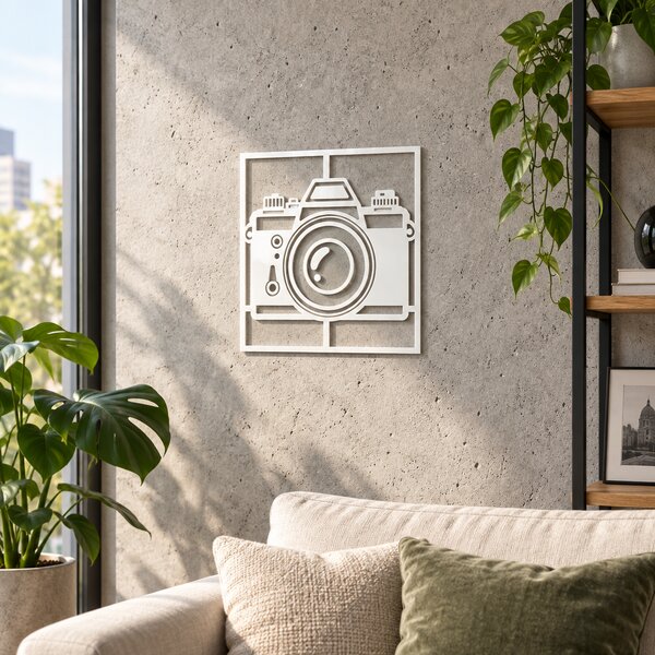 Decorațiune de perete RetroCam – Aparat foto vintage din plexiglas alb/negru, 24 × 24 cm | NOOT