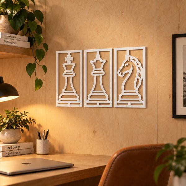Set 3 tablouri decorative cu piese de șah Chess Elegance – Plexiglas alb, 31 x 16 cm | NOOT