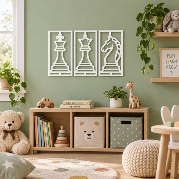 Set 3 tablouri decorative cu piese de șah Chess Elegance – Plexiglas alb, 31 x 16 cm | NOOT