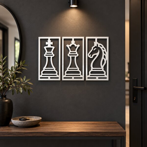 Set 3 tablouri decorative cu piese de șah Chess Elegance – Plexiglas alb, 31 x 16 cm | NOOT