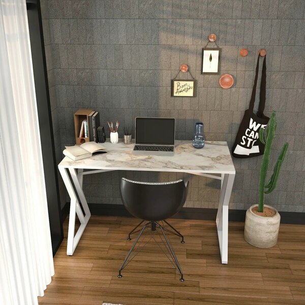 Masa birou GYZA, alb cu efect de marmura, alb, PAL melaminat, 120x60x7