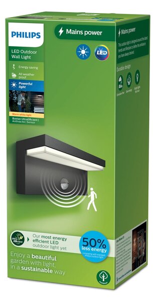 Philips LED pentru exterior Bustan UE, senzor, 2.700 K, Negru, Aluminiu, Modern, Perete unghiular