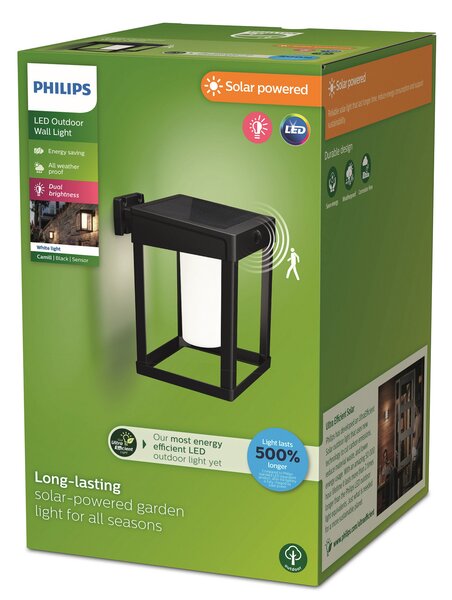 Philips Lampă solară cu senzor Camill negru/alb 14 x cm, Negru, Plastic, Modern, Felinar