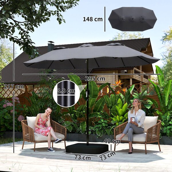Outsunny Umbrelă Dublă cu 12 Spițe, Manivelă, Bază Metalică și Saci de Nisip, din Metal și Poliester, 3x1.5 m, Gri Închis | Aosom Romania