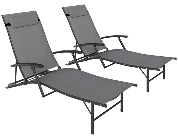 Outsunny Set de 2 Șezlonguri Pliante, Ajustabile în 4 Poziții cu Cotiere și Perne, 64x154x87 cm, Gri | Aosom Romania