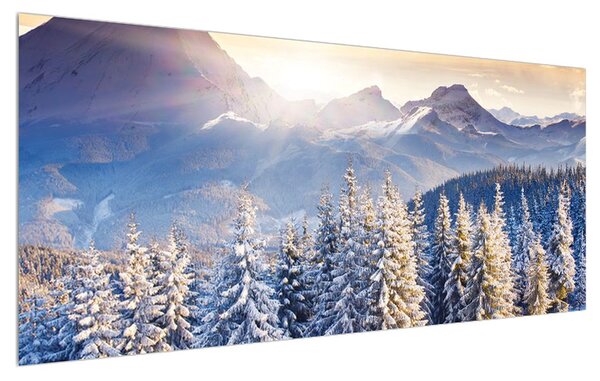 Tablou cu peisaj montan de pădure iarna (120x50 cm)