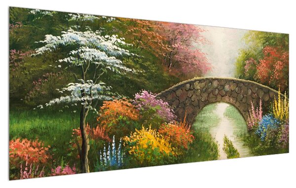 Tablou cu peisaj înflorit pictat (120x50 cm)