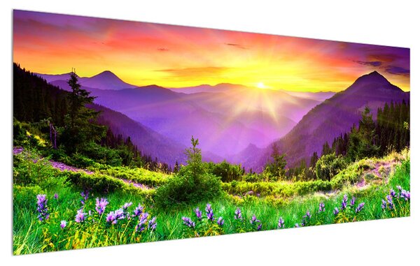 Tablou cu peisaj montan cu apus de soare (120x50 cm)