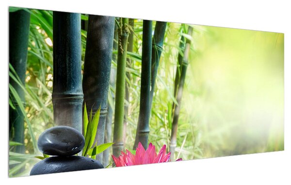 Tablou cu floare de lotus, bambus și lumănâri (120x50 cm)