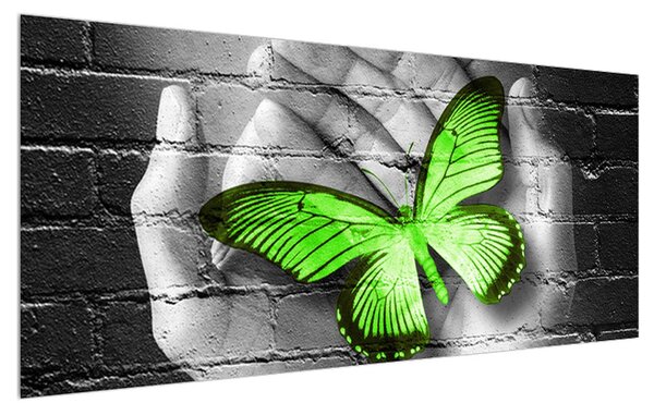 Tablou modern cu palmă și fluture (120x50 cm)