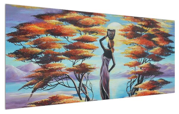 Tablou oriental cu femeie, copaci și soare (120x50 cm)