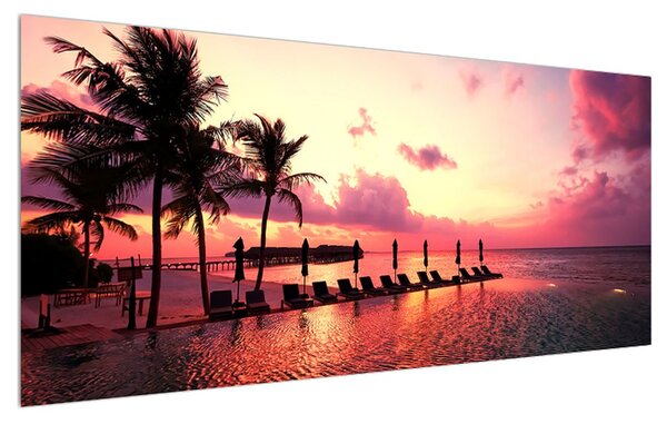 Tablou cu plajă și palmieri și soare (120x50 cm)