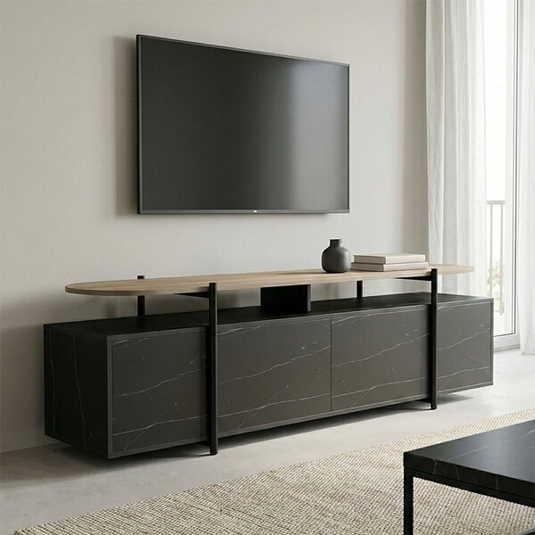 Comoda TV Medora, finisaj sonoma cu marmura neagra, 160 x 35.5 x 50 cm