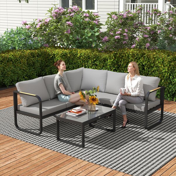 Outsunny Set Mobilier de Grădină cu Canapea cu 3 Locuri, Canapea cu 2 Locuri și Măsuță de Cafea, 180x60x64 cm, Gri | Aosom Romania