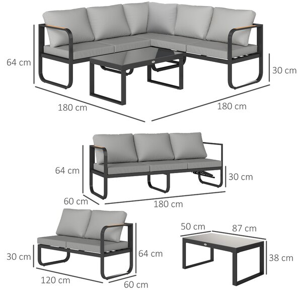 Outsunny Set Mobilier de Grădină cu Canapea cu 3 Locuri, Canapea cu 2 Locuri și Măsuță de Cafea, 180x60x64 cm, Gri | Aosom Romania