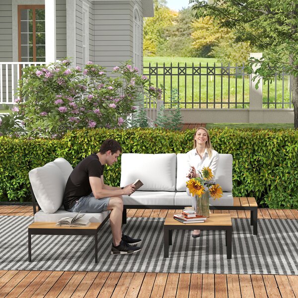 Outsunny Set Mobilier de Grădină din 4 Piese, cu 2 Canapele și 2 Măsuțe de Cafea, 141x64x62 cm, Lemn Natural | Aosom Romania