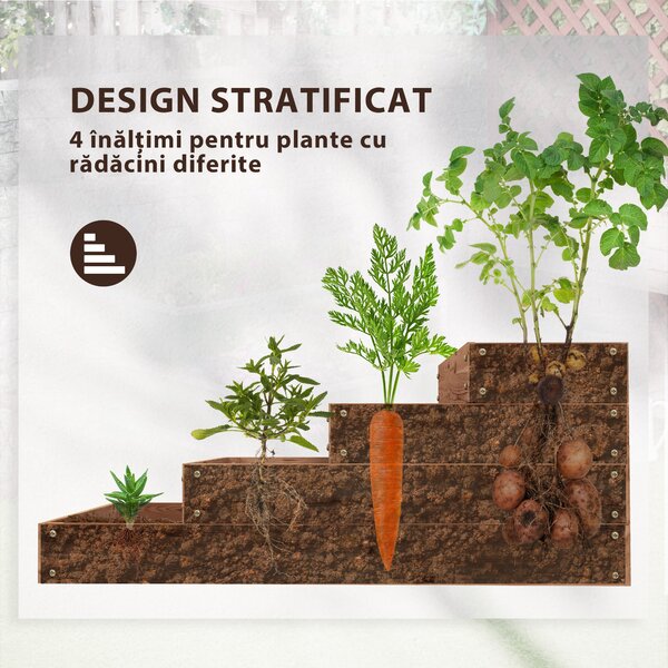 Outsunny Strat Înălțat de Grădină cu 4 Niveluri, Jardinieră de Balcon cu Bază Deschisă și Căptușeală, 113x113x46 cm, Maro | Aosom Romania