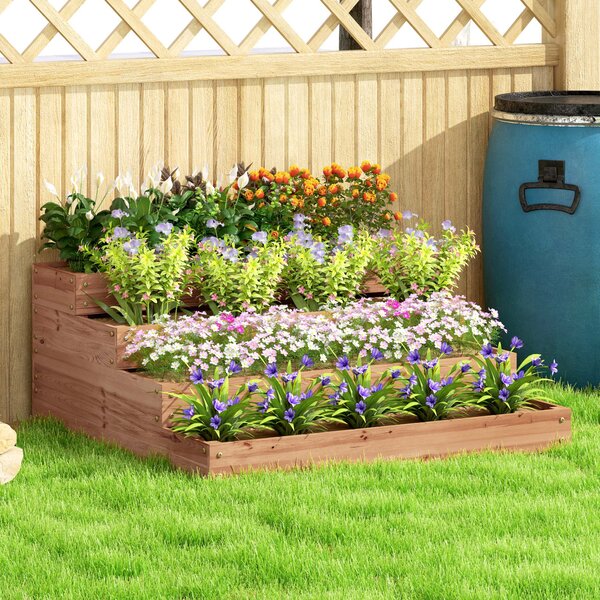 Outsunny Strat Înălțat de Grădină cu 4 Niveluri, Jardinieră de Balcon cu Bază Deschisă și Căptușeală, 113x113x46 cm, Maro | Aosom Romania